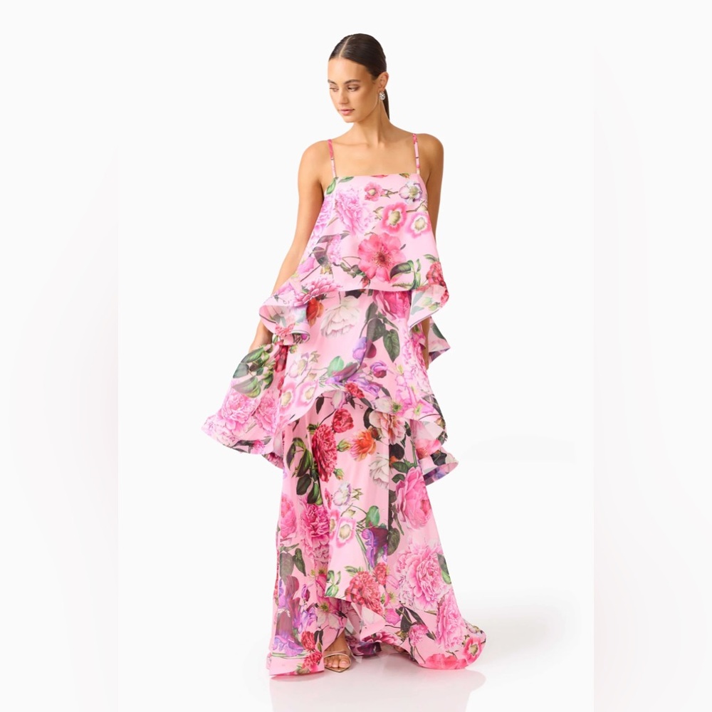 Armani Tiered Maxi Dress in Pink Floral 
Pink Floral Ruffled Layer Maxi Dress